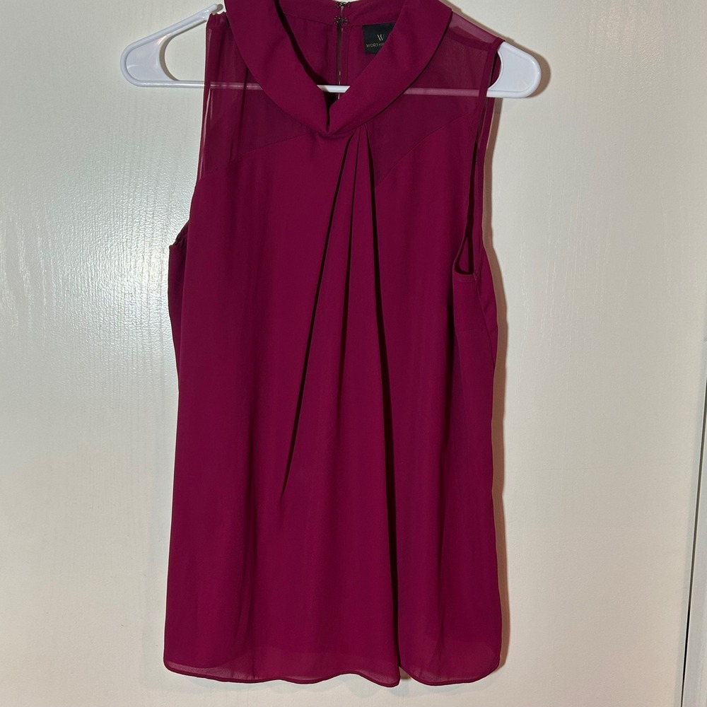 Worthington‎ Magenta Pleated Mock Neck Sleeveless Blouse Sheer Shoulder Mesh M